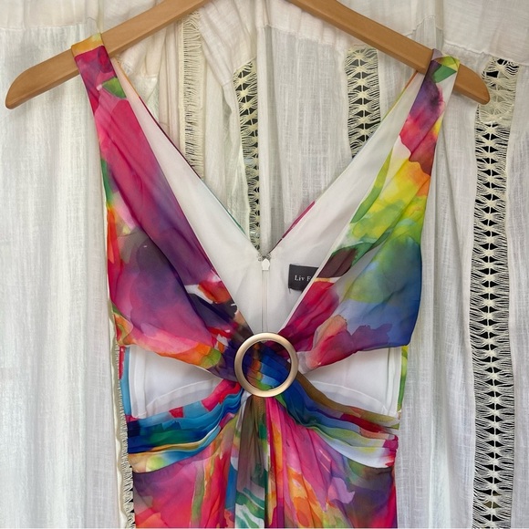 Liv Foster Abstract Floral Print Tie Dye Boho Deep V-Neck Cutout Gown 0, XS/S - Picture 5 of 10